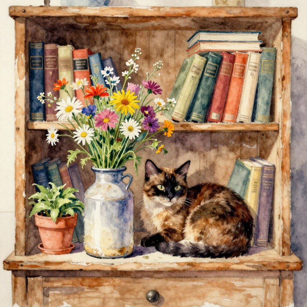 Watercolor Bookshelf with Wildflowers and Cat
