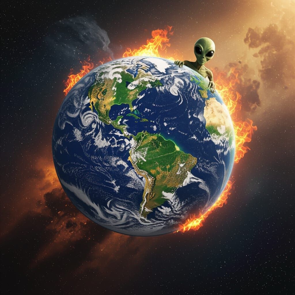 Alien Overtakes Burning Earth in Cosmic Void