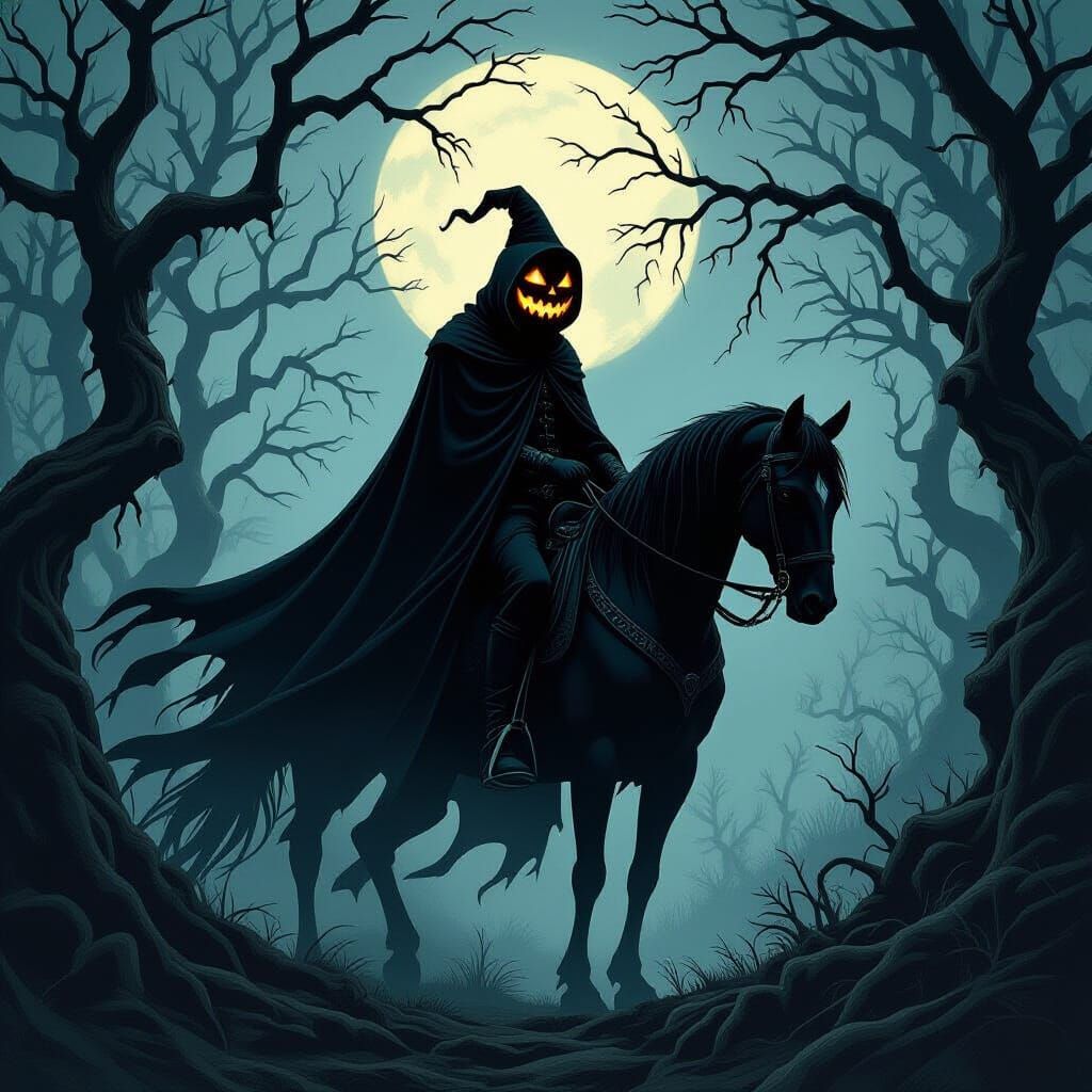 Headless Horseman with Jack-o'-Lantern Head in Dark Forest