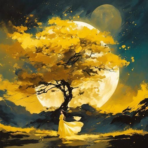 Woman in Yellow Dress Under Moonlight, Digital Art