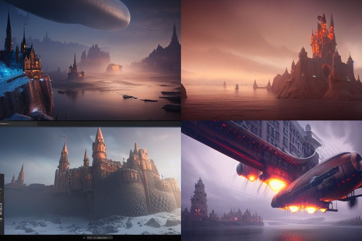 Frozen Dieselpunk Castle Cityscape with Zeppelins