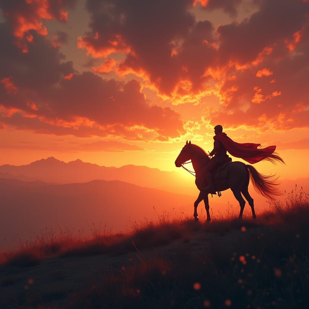 Epic Sunset Rider in a Fantastical Landscape