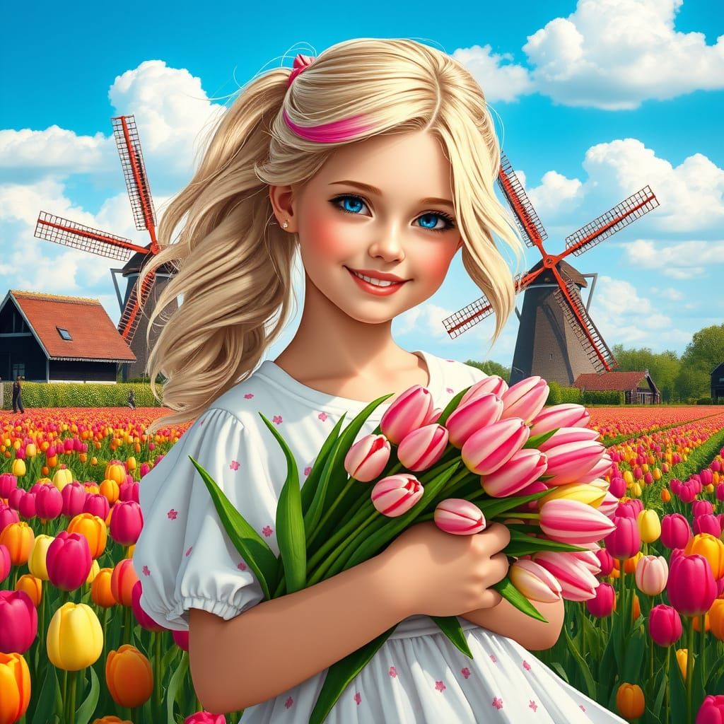 Radiant Blond Girl in a Whimsical Tulip Landscape