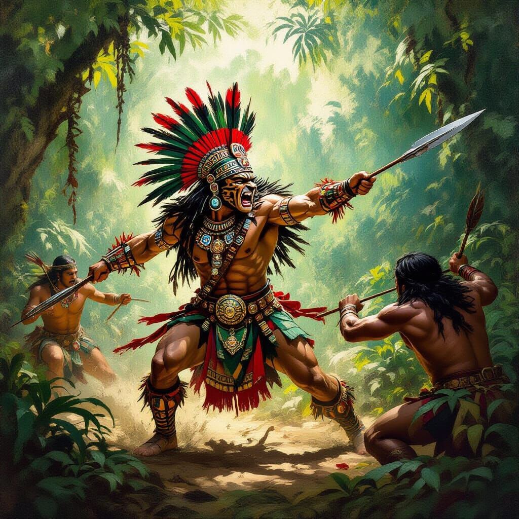 Aztec Jaguar Warrior in Amazon Jungle Battle