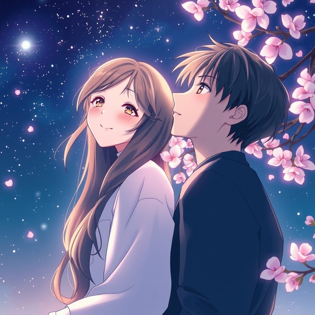 Serene Couple Star Gazing Amidst Cherry Blossoms in Dreamy A...