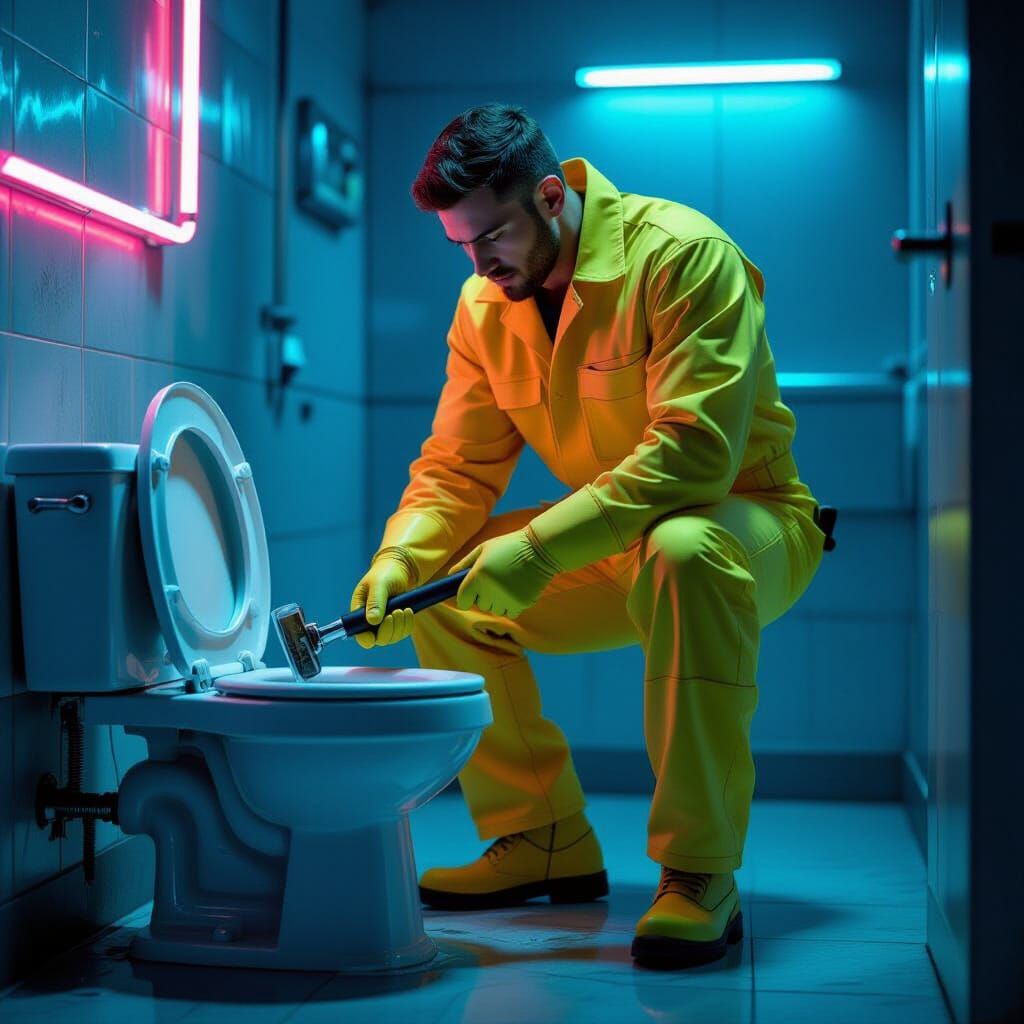 Plumber Unclogging Toilet Interview in Cyberpunk Style