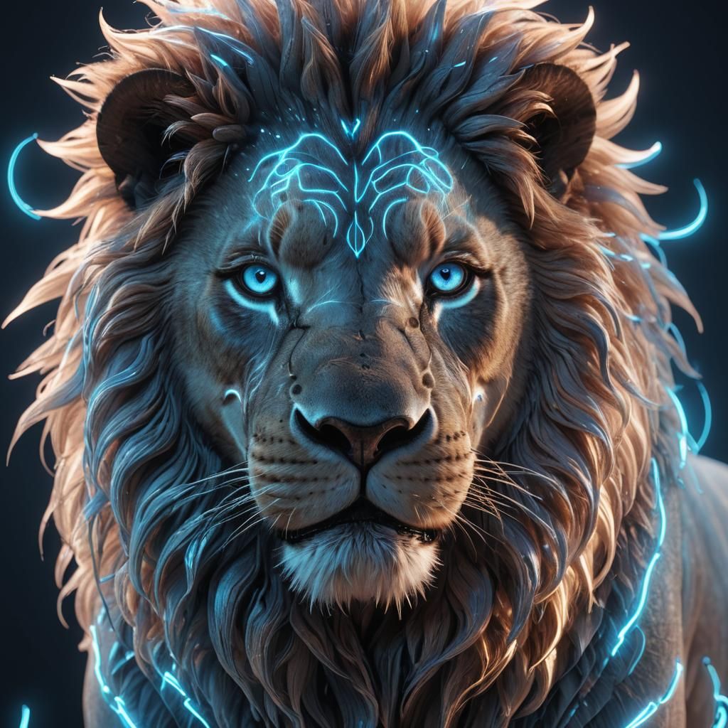 Blue Neon Lion in Hyper-Detailed 3D