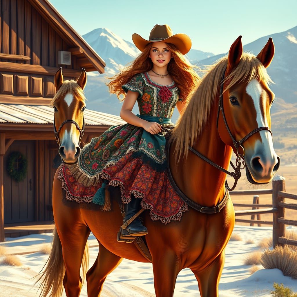 Cowgirl in Whimsical Western Landscape