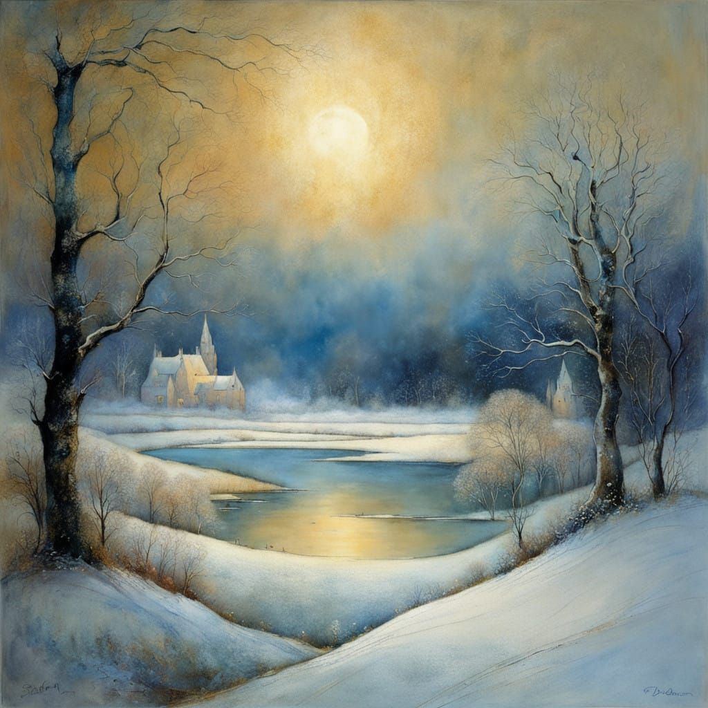 Winter scene with gold and indigo