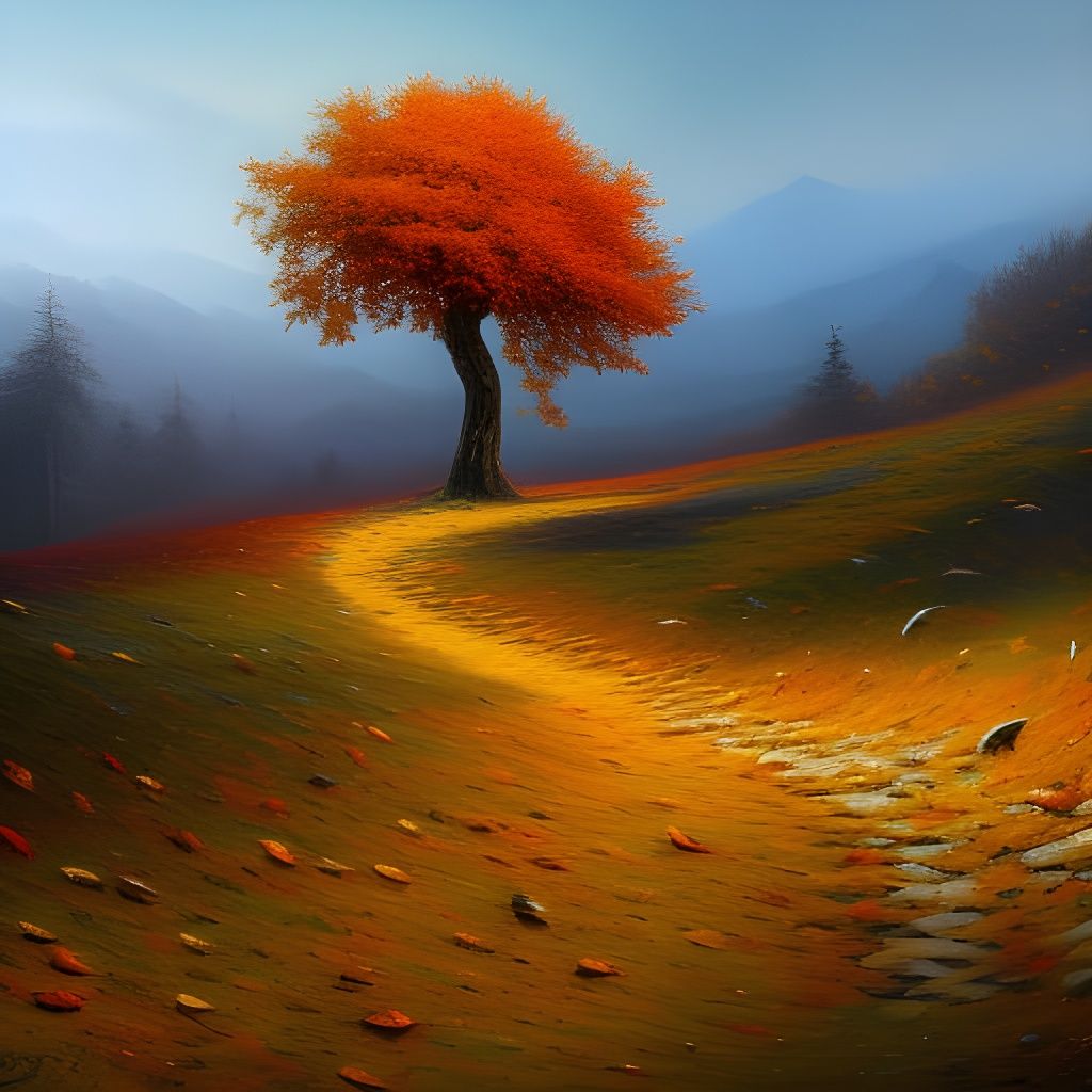 Lonely Autumn Tree: Textured Oil Painting