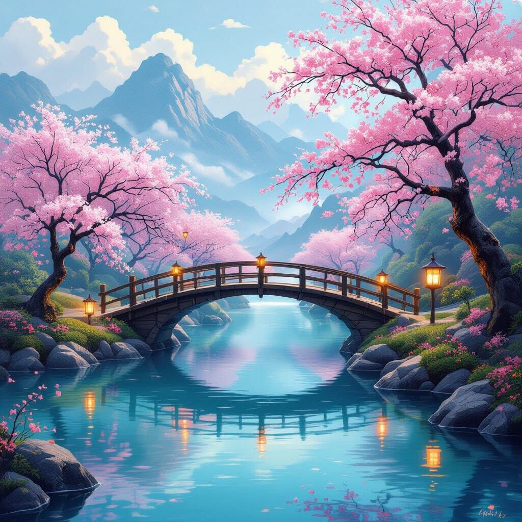 Dreamy Japanese Cherry Blossom Landscape Painting