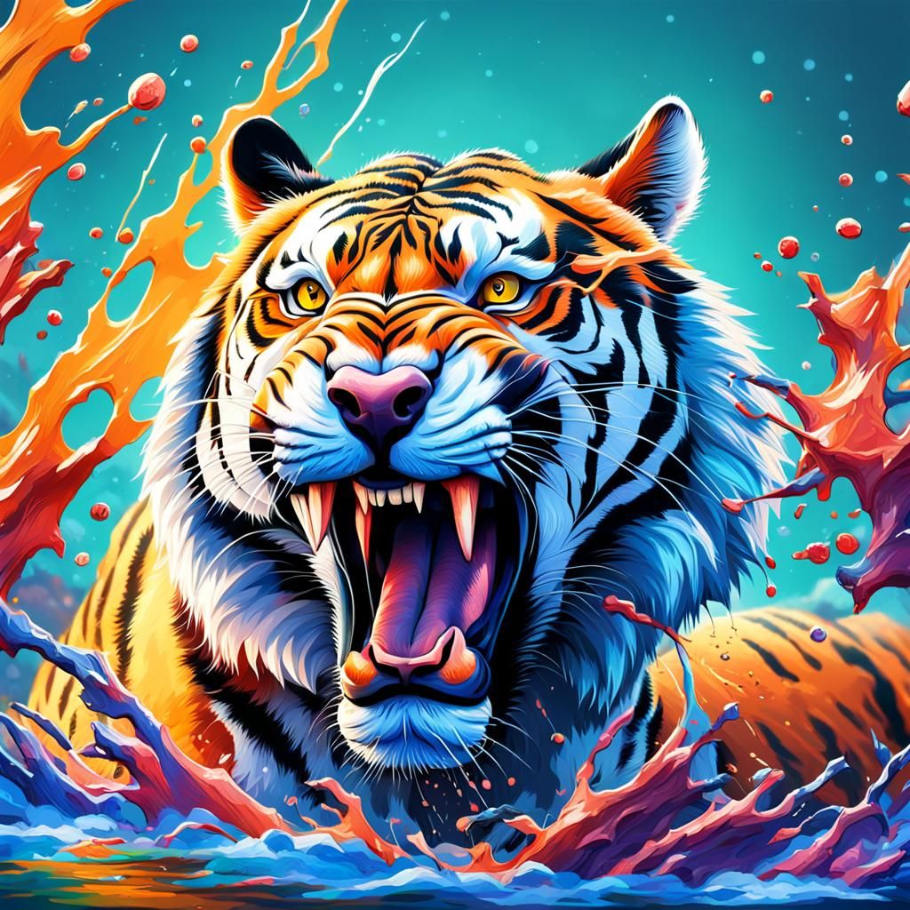Hyperrealistic Tiger Attacks Deer: Splash Art