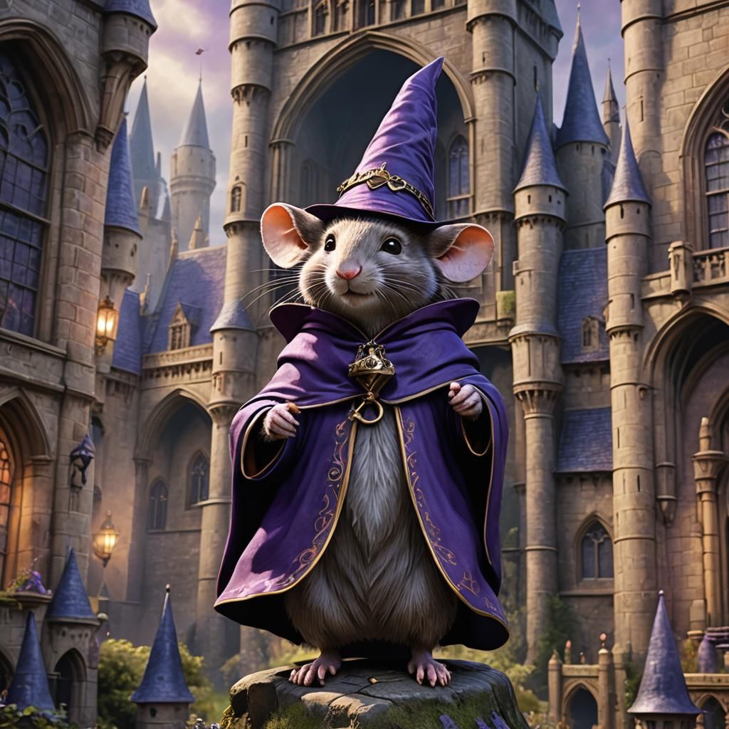 Mouse Wizard at Hogwarts in Surreal Digital Art