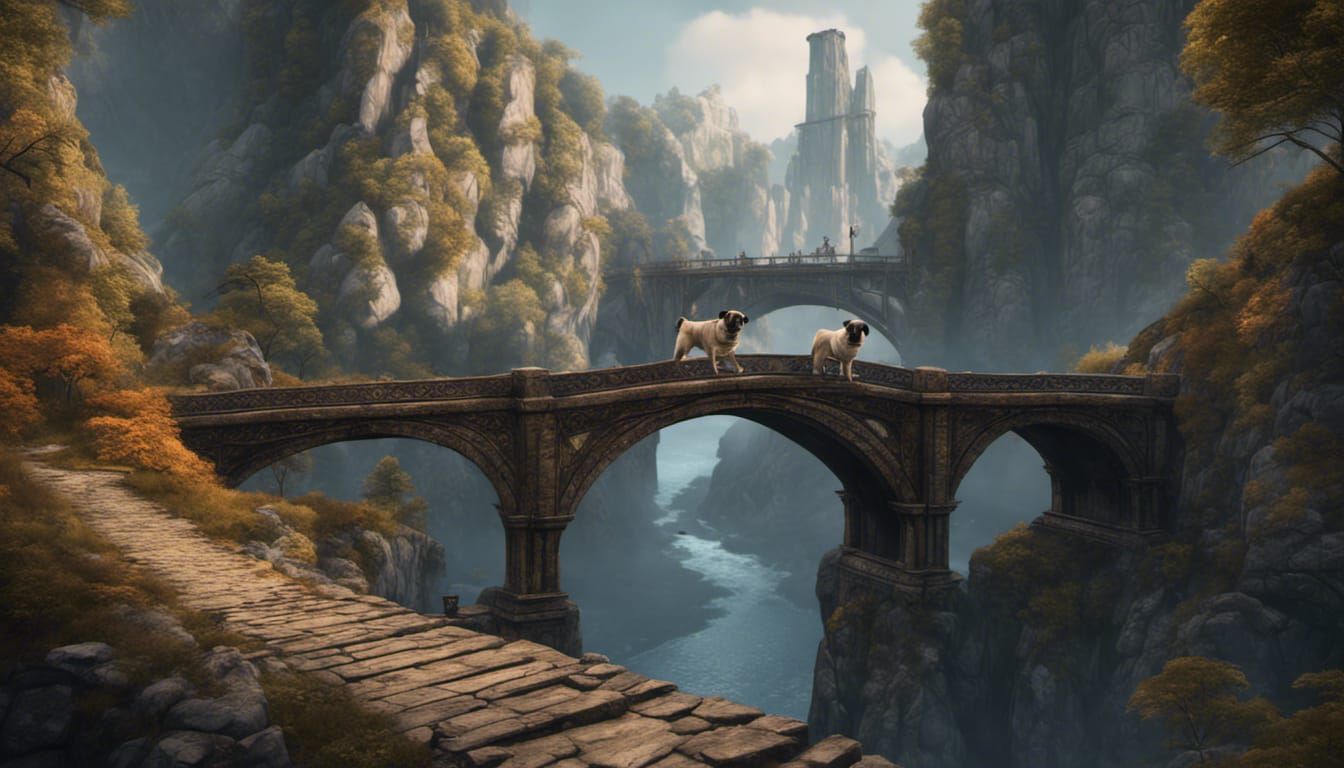 Pugs on Bridge: Detailed Matte Painting in Fantasy Style