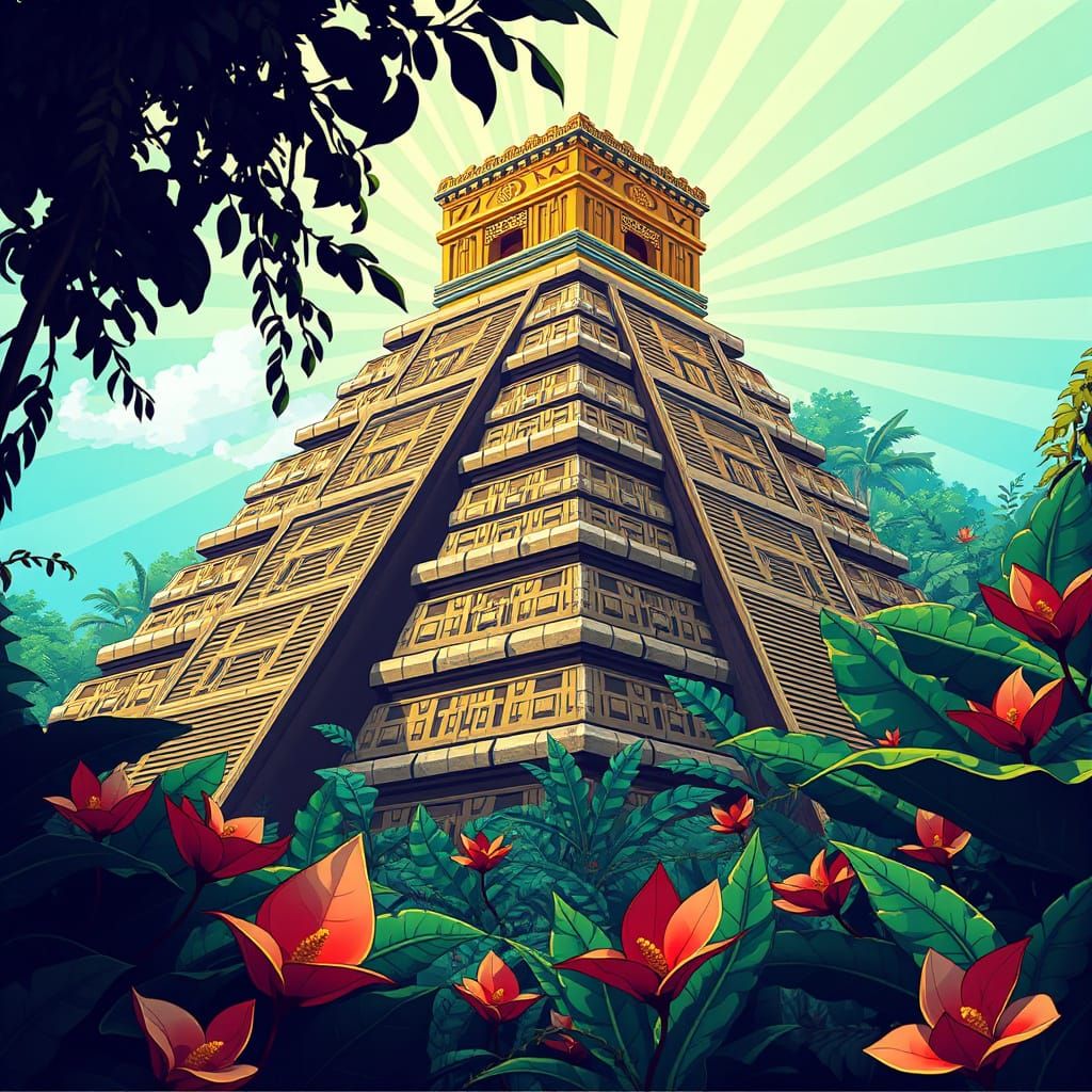 Aztec Pyramid in Emerald Jungle, Cel-Shaded Style