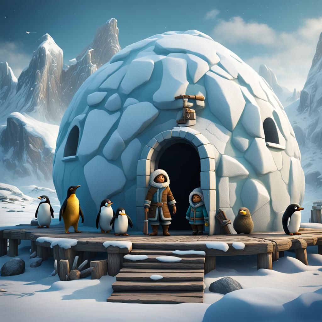 Eskimos, Igloo, and Arctic Wildlife: Detailed Matte Painting