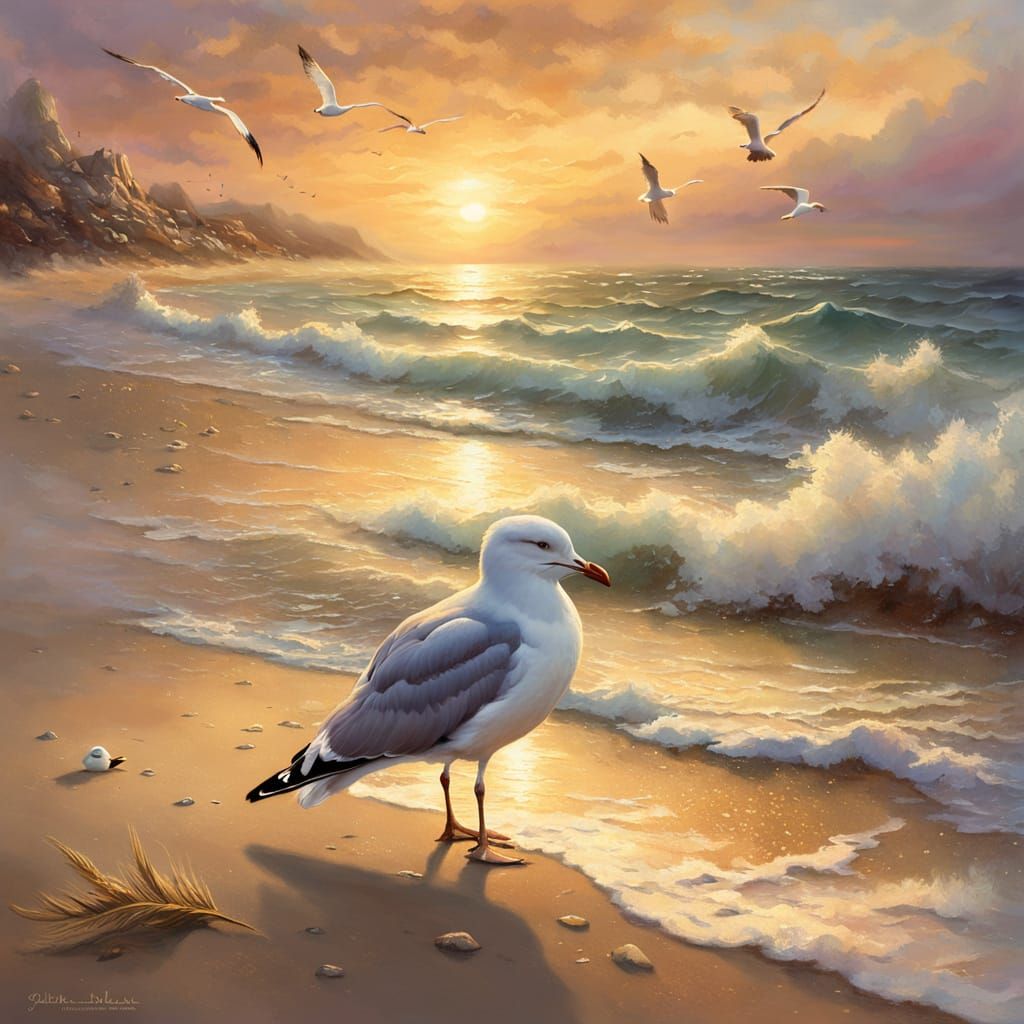 Seagull on Beach in Dreamy Thomas Kinkade Style