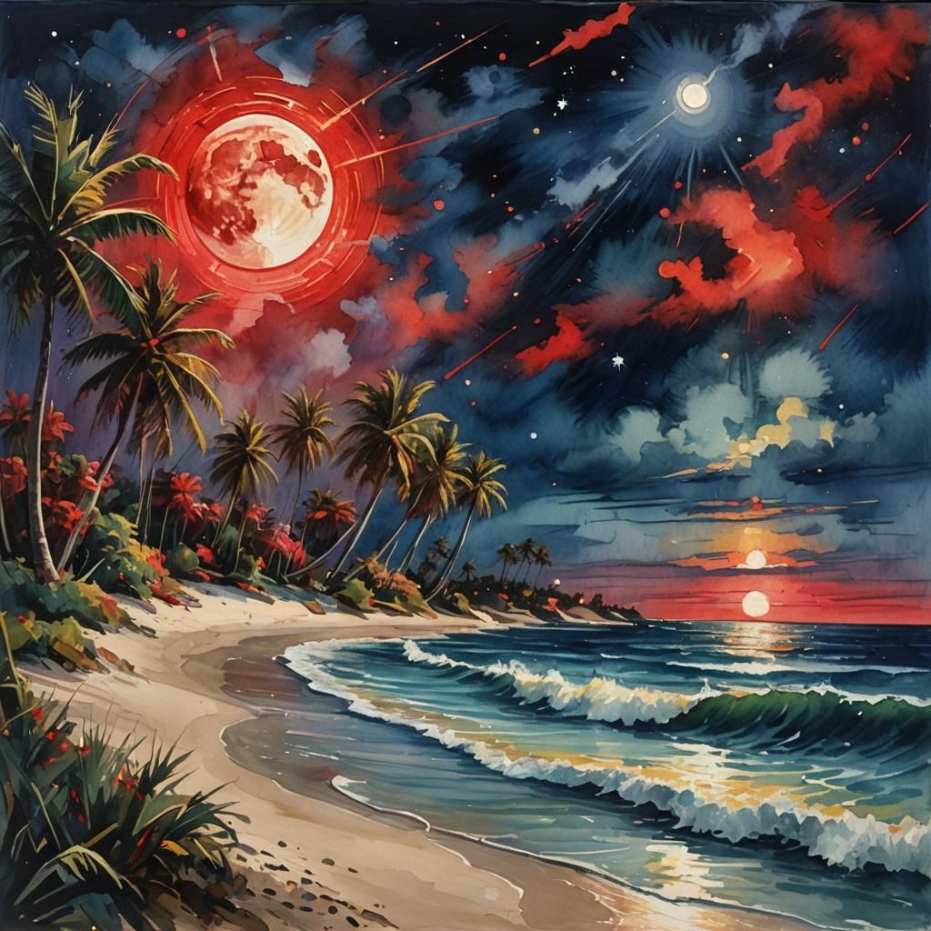 Glowing Red Ocean Under Moonlit Sky as Impasto Painting