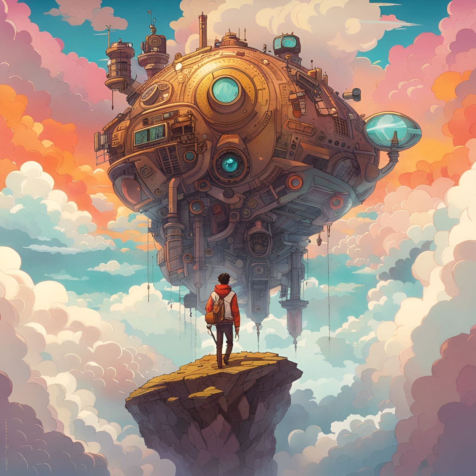 Steampunk Adventurer on Mountain in Retro-Futuristic Style