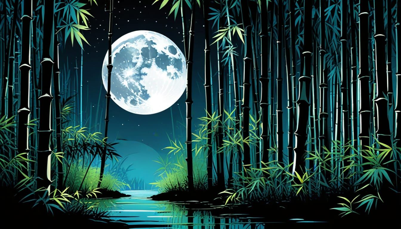 Moonlit Bamboo Grove: Serigraphy Vector Graphic in Watercolo...