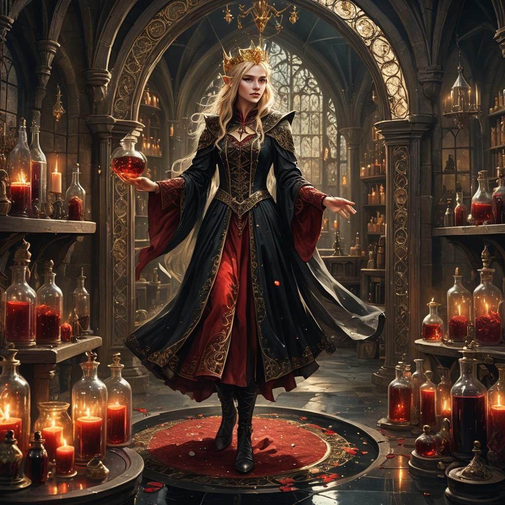 Fantasy Elf in Gothic Laboratory with Magic Mirror