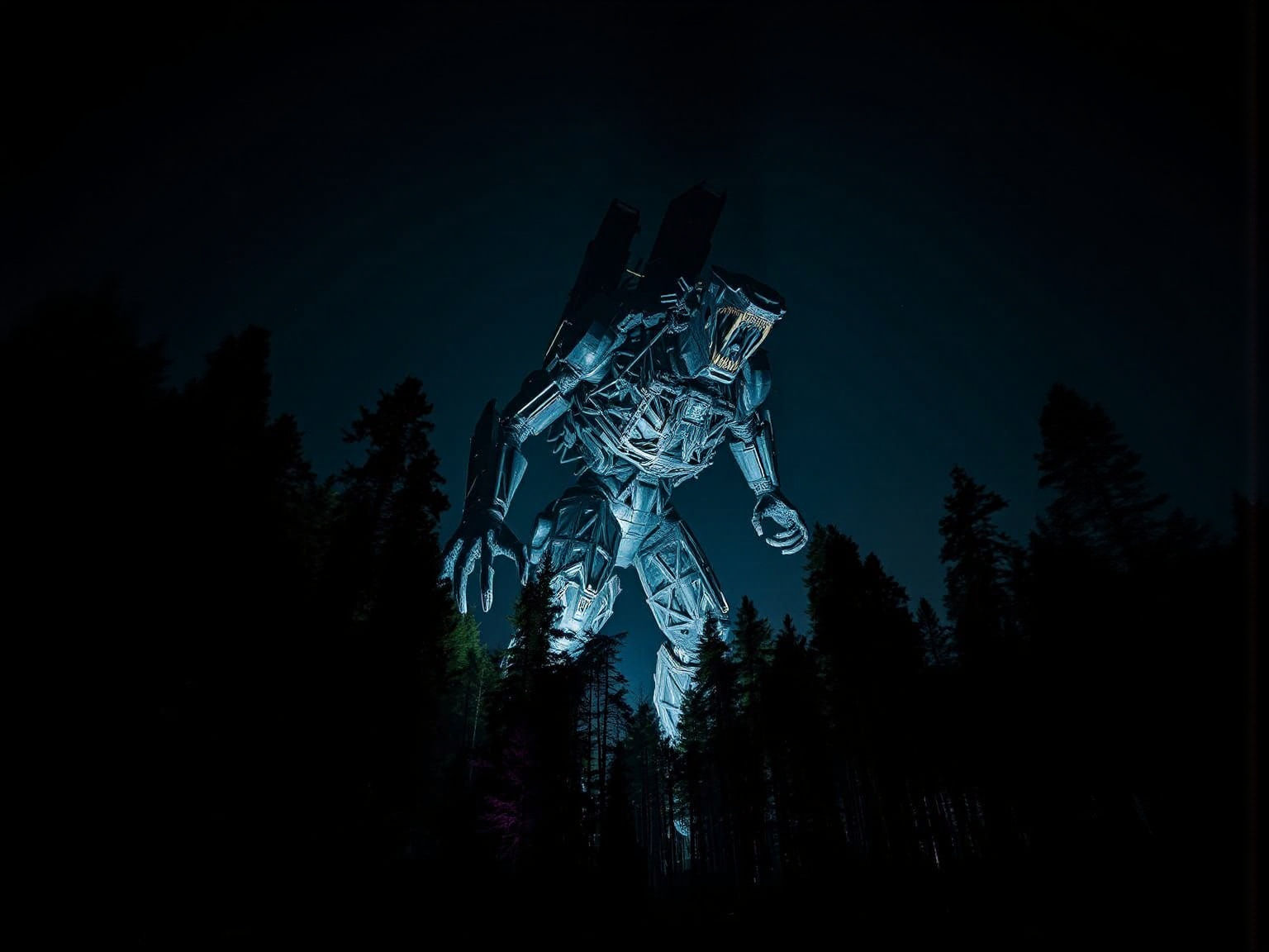 Steel Giant Emerges in Moonlit Forest