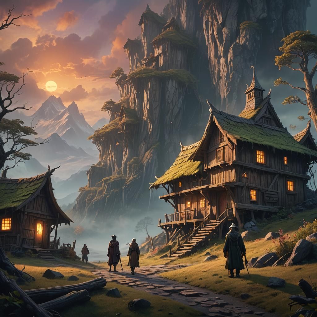 Wizard and Elves in Misty Mountains: Fantasy Art