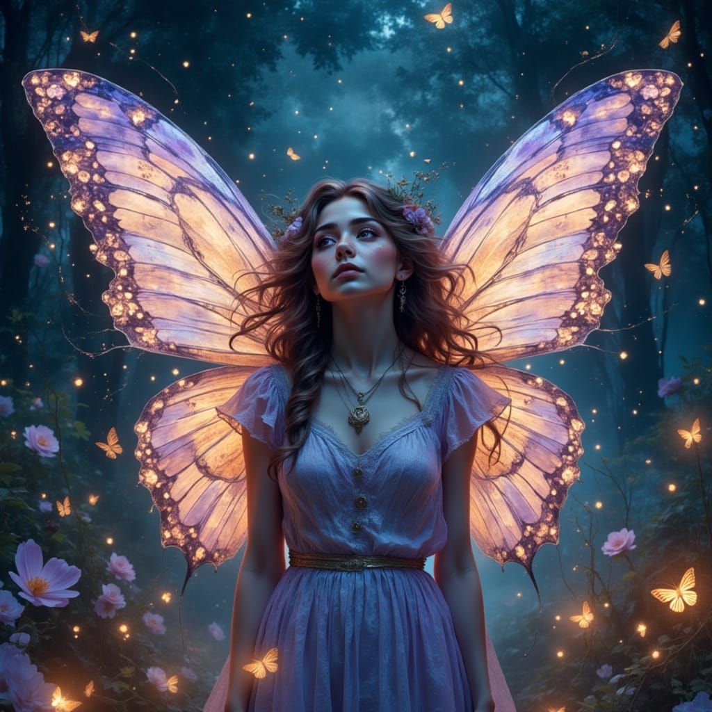 Butterfly Woman Portrait in Starlit Glade