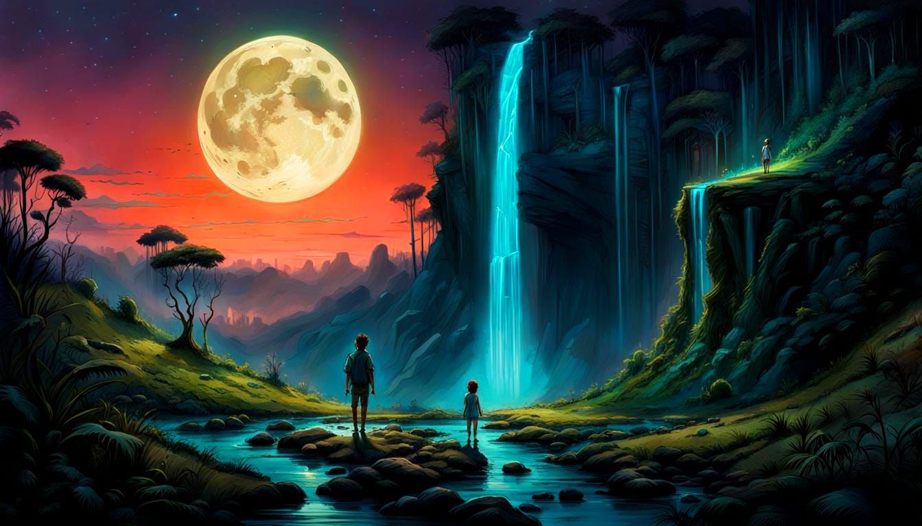Bioluminescent Waterfall Fantasy Landscape