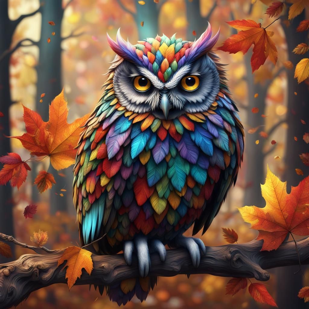 Fantastical Multicoloured Owl in Autumn Landscape
