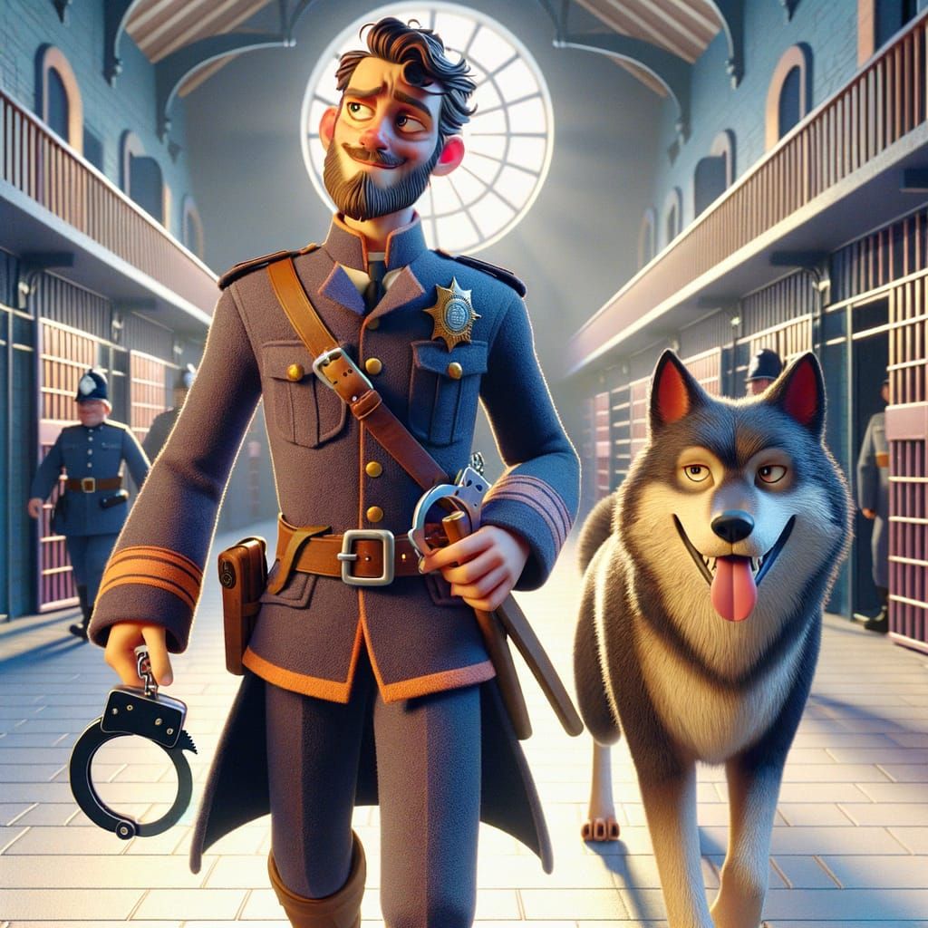 Medieval Lord as Cop with Wolf in Animated Style