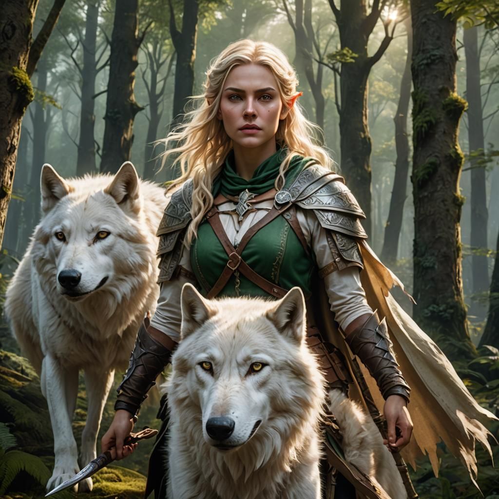 Half-Elf Ranger and White Wolf in Forest