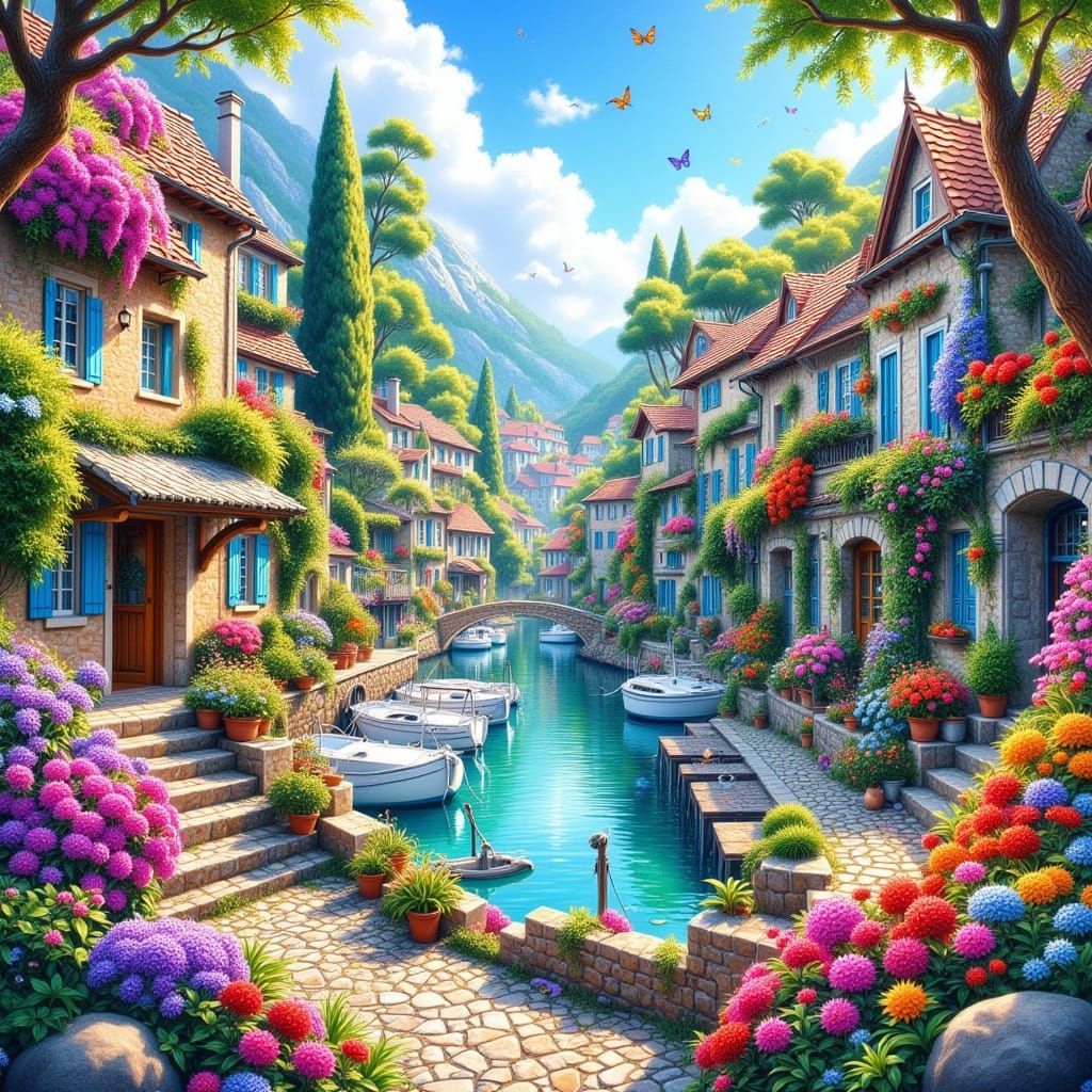 Flower-Covered Houses in Idyllic Harbor Town