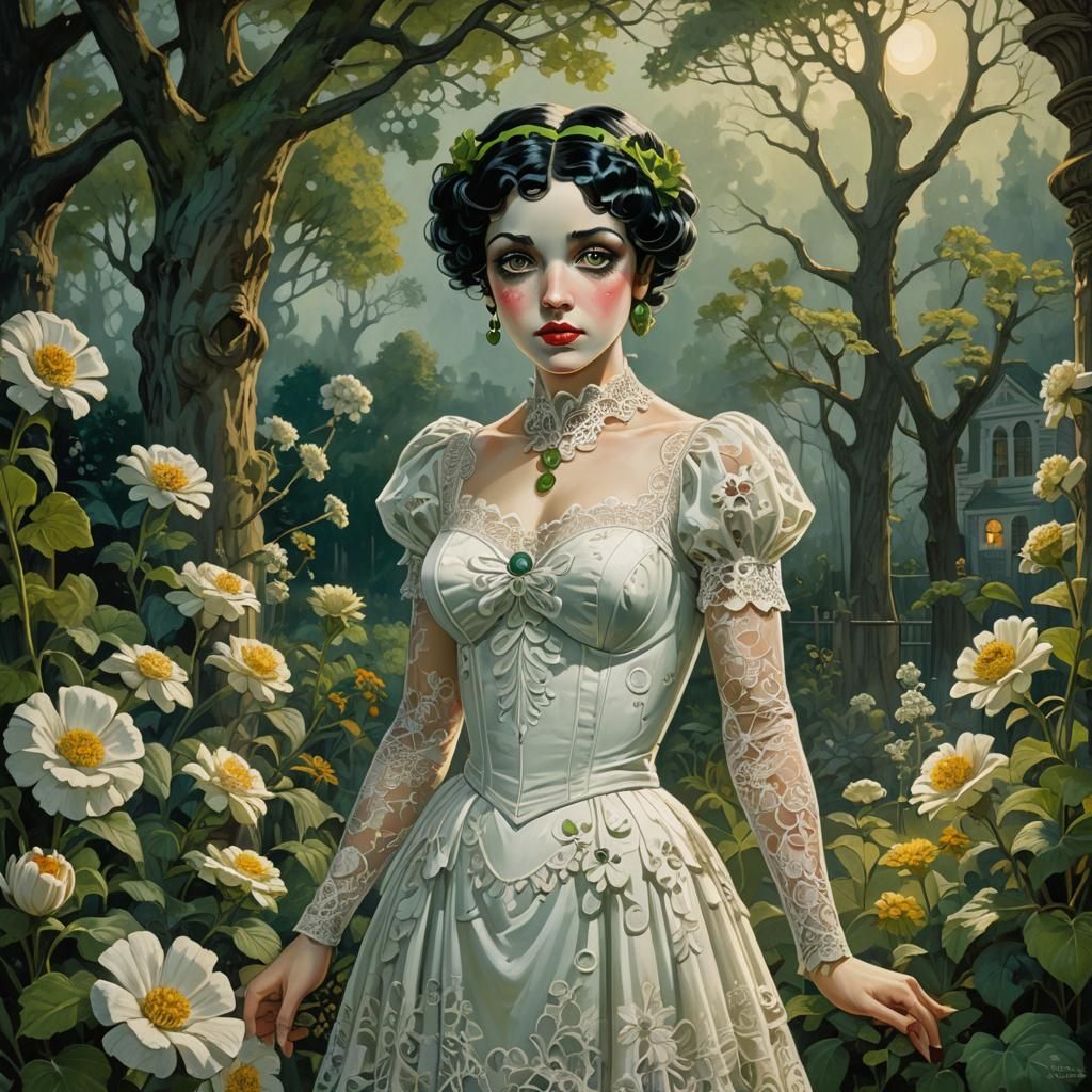 Betty Boop in Garden, Art Nouveau Oil Painting