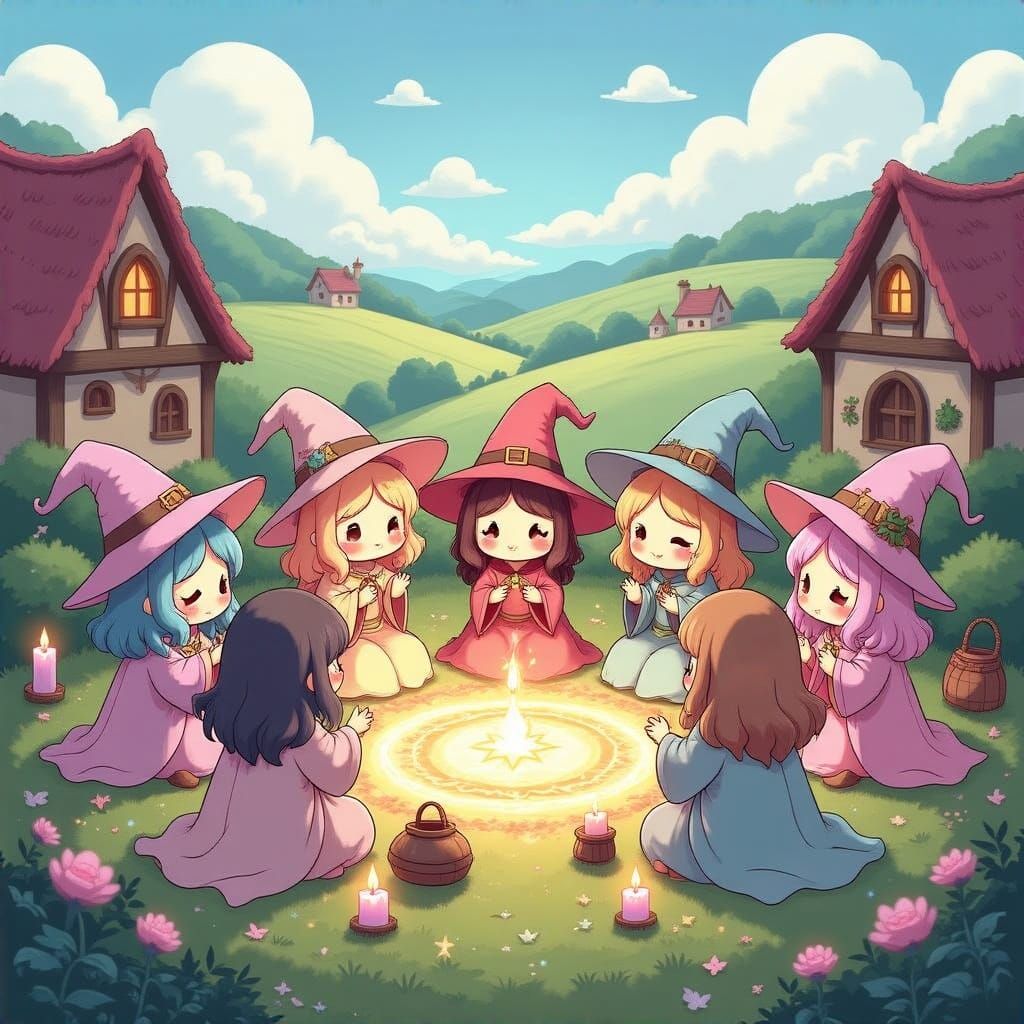 Whimsical Witches Gather in a Magical Kawaii Village