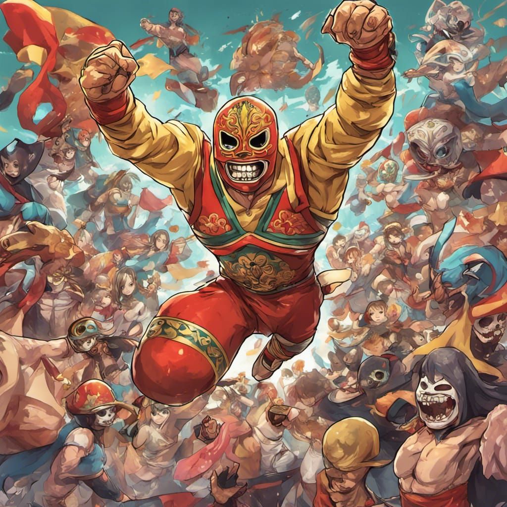 Mexican Luchador in Anime Style Fight