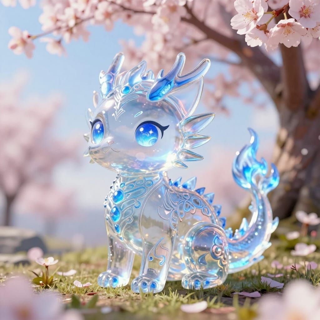 Glass Dragon with Blue Fire Amidst Cherry Blossoms
