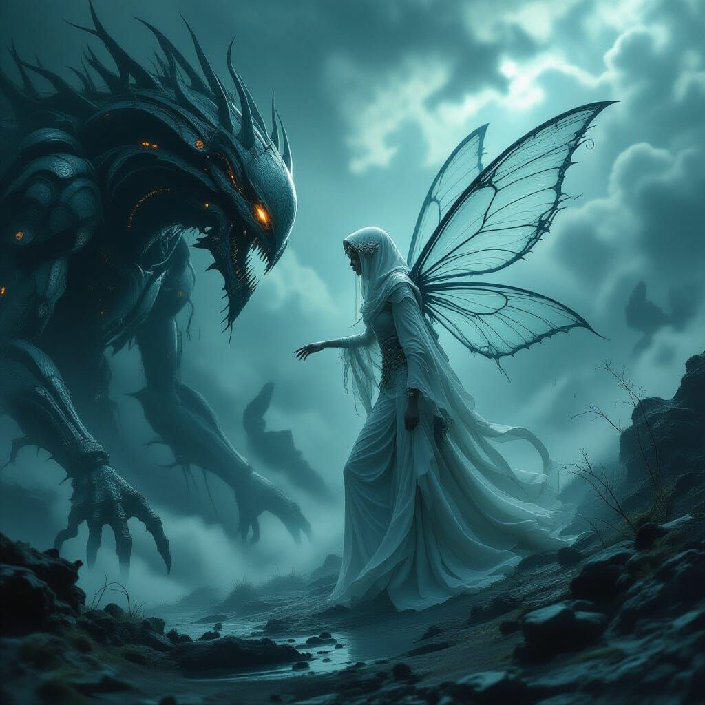 Fairy Battles Storm in Surreal Biomechanical Dreamscape
