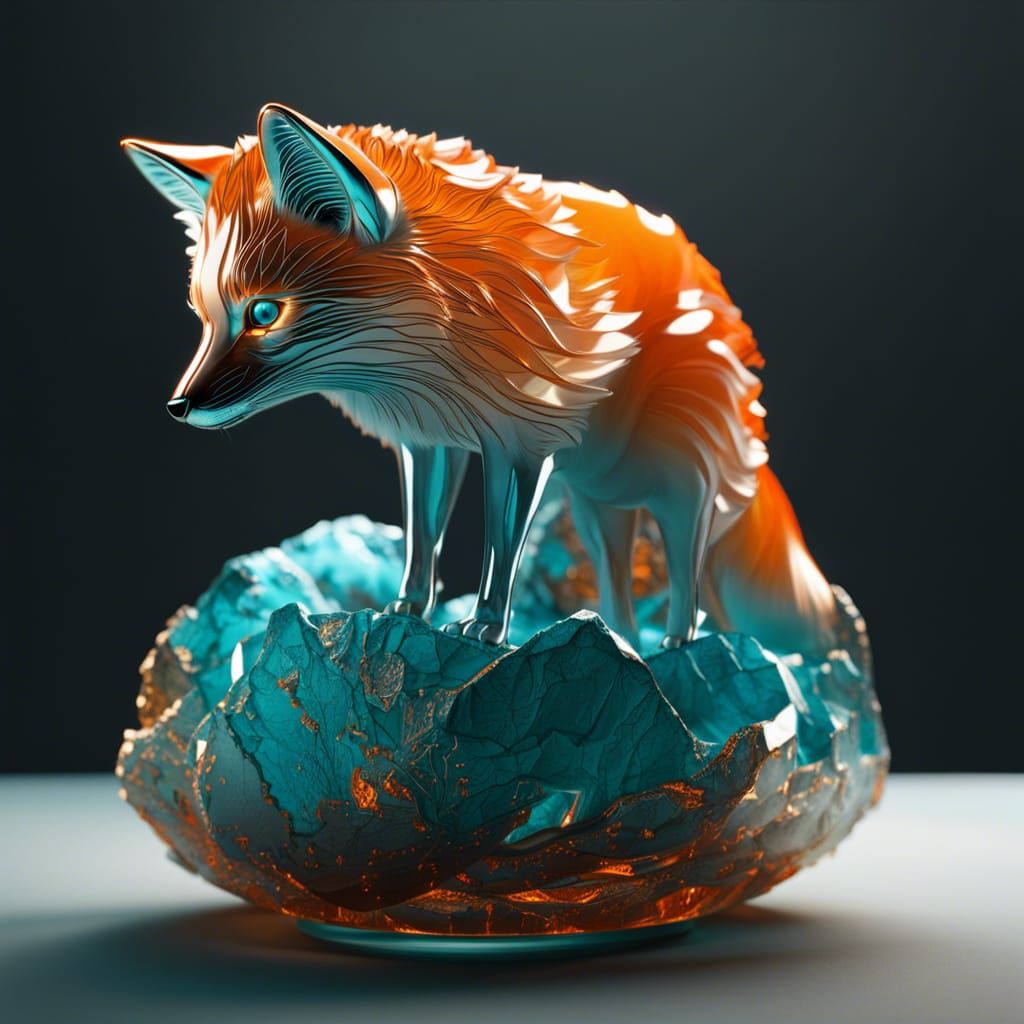 Glass Arctic Fox with Kintsugi in Moonlit Rendering