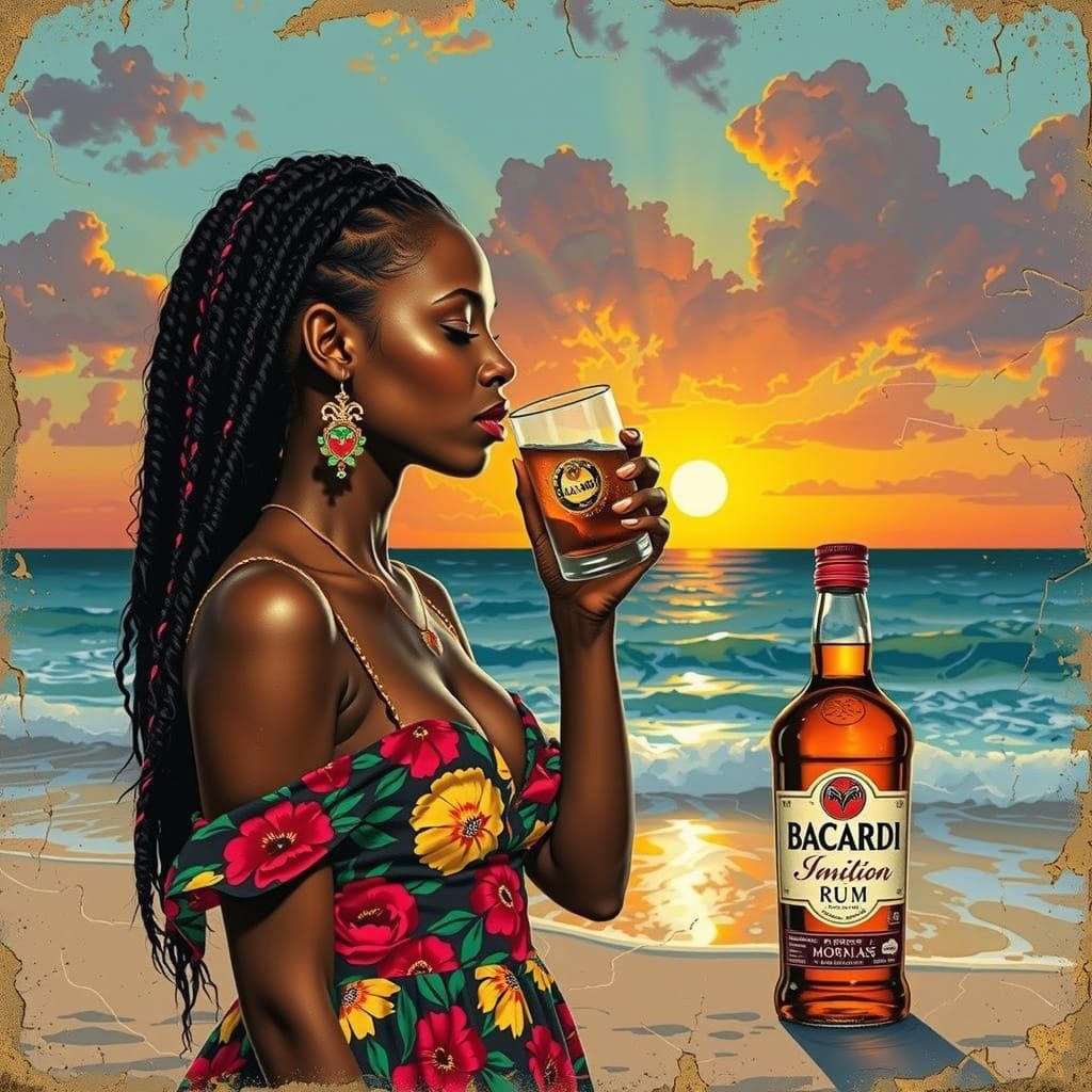 Jamaican Woman on Beach in Graffiti Art Style