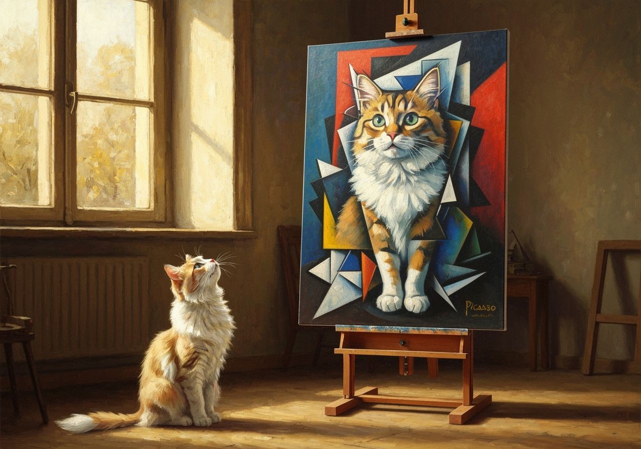 Cat Ponders Cubist Portrait in Artist's Studio