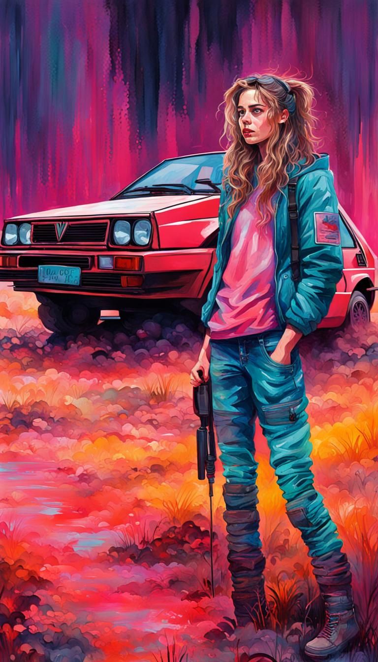 Post-Apocalyptic Girl with Lancia in Gouache Style