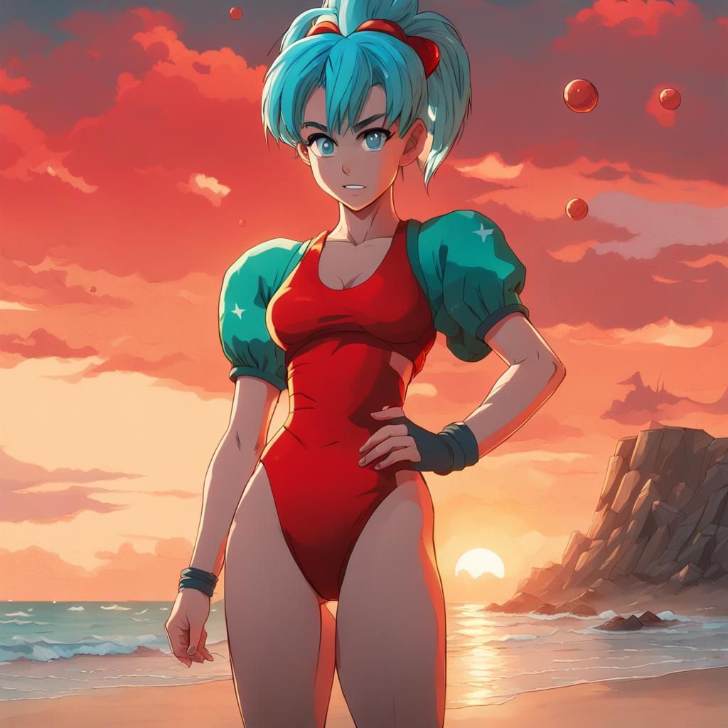 Bulma on Beach with Dragonball: Hyperdetailed Portrait