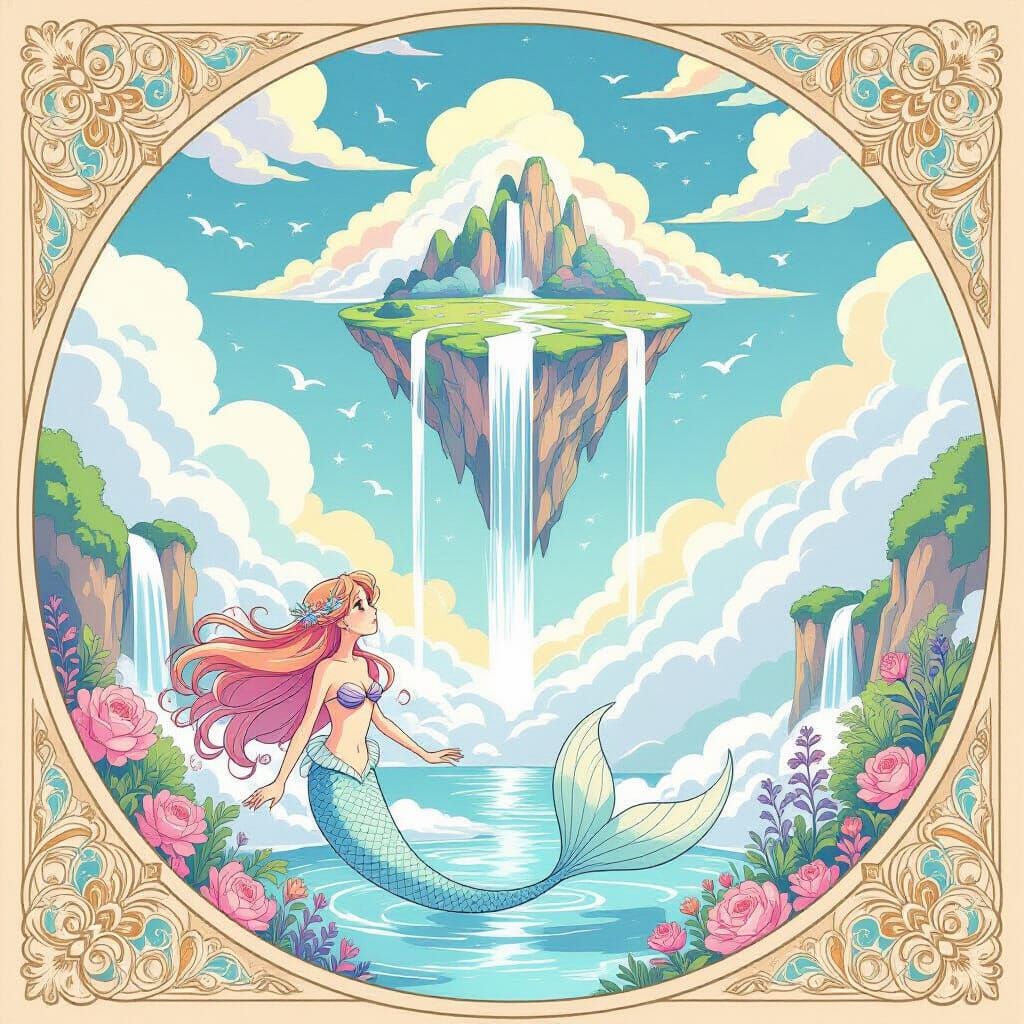 Mermaid Meets Floating Island in Anime Art Nouveau Style