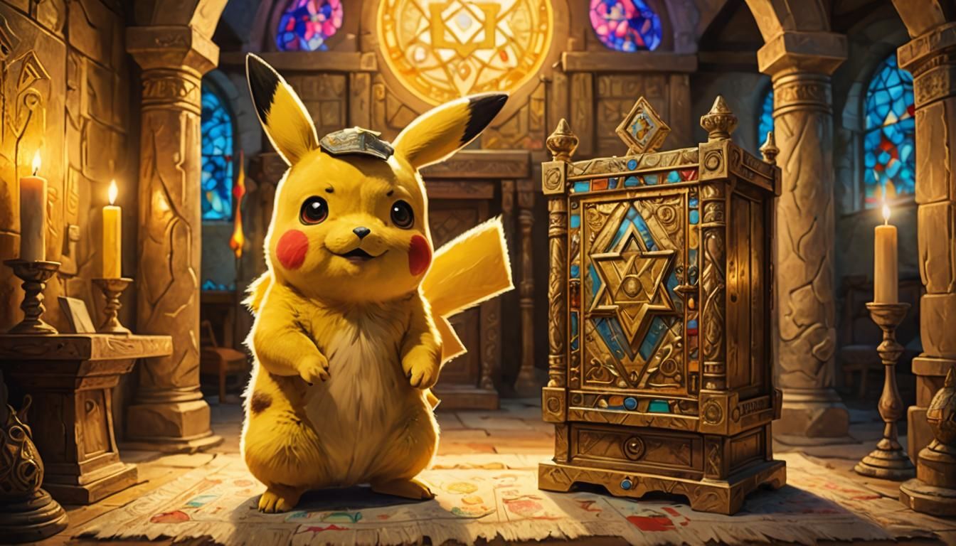 Pikachu in Chagall Style with Yamaka and Torah