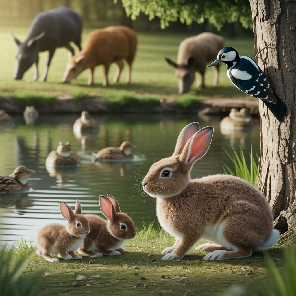 Rabbit Family at Pond's Edge in Sunny Meadow