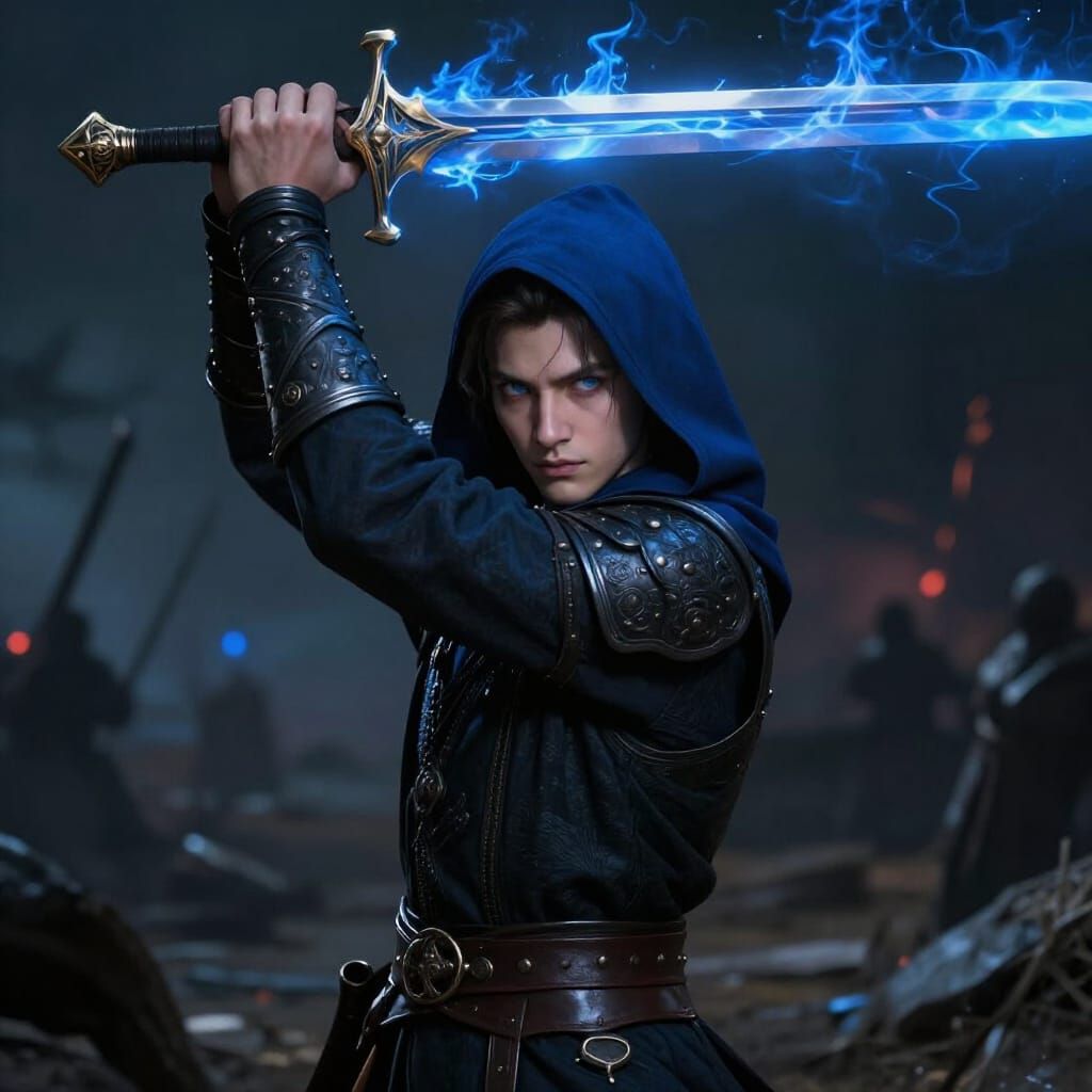 Warrior with Flaming Sword on Dark Battlefield