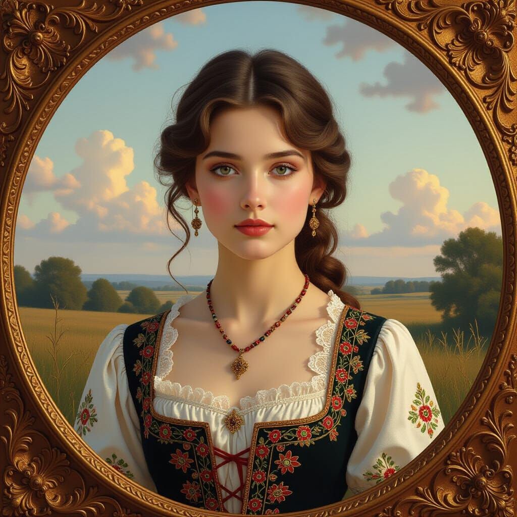 Woman in Embroidered Clothing: Dramatic Lighting and Realism