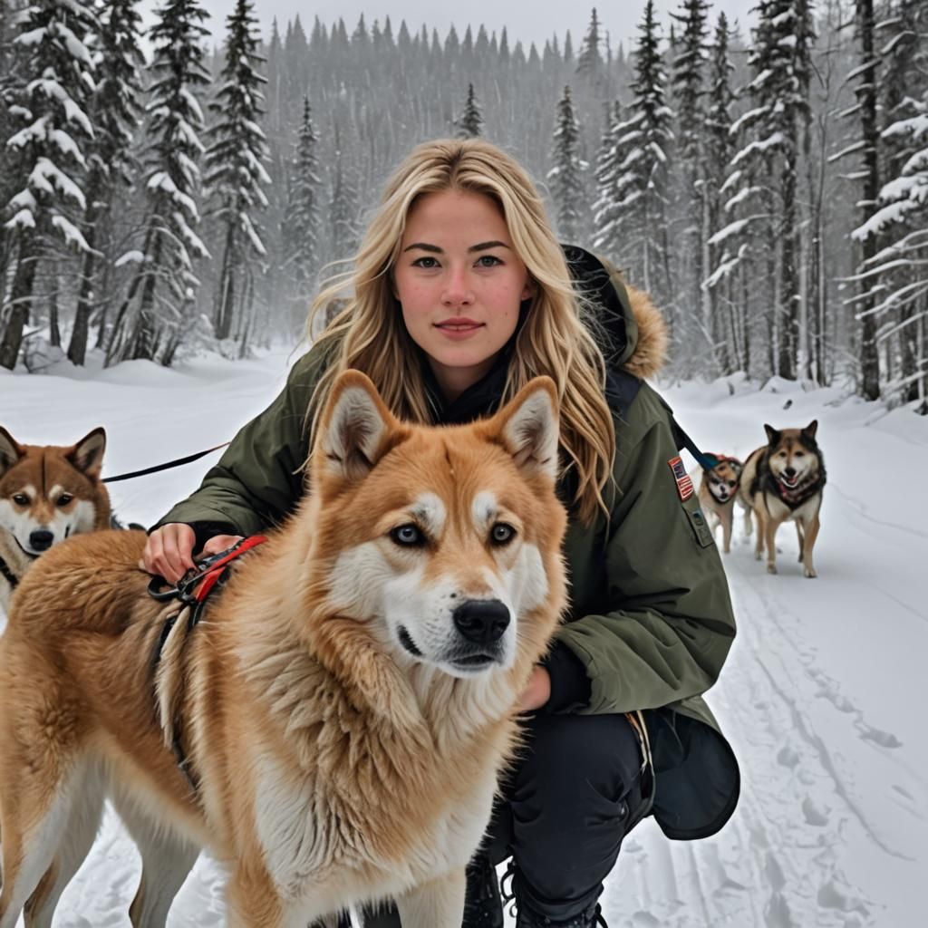 Blonde Girl Dog Sledding in Alaska