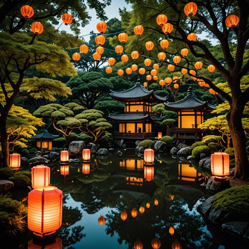 Lantern Festival in Japanese Garden: Cinematic Film Still